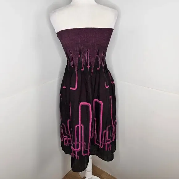 ๐ Lapis Anthropologie EUC Tube Dress Geometric Cityscape Strapless OS purple - Picture 1 of 17